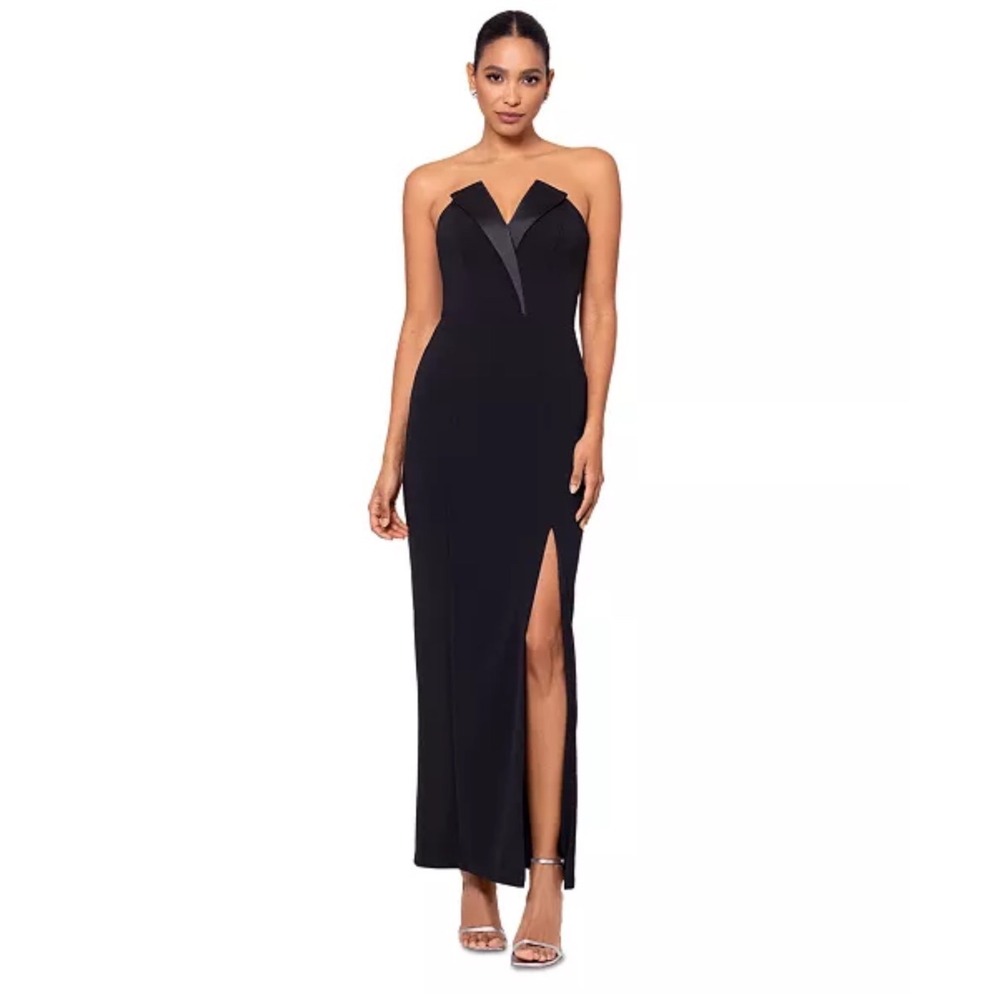 Betsy & Adam Strapless Scuba Crepe Gown Women 8 NWT Black Tuxedo Lapel MSRP $239